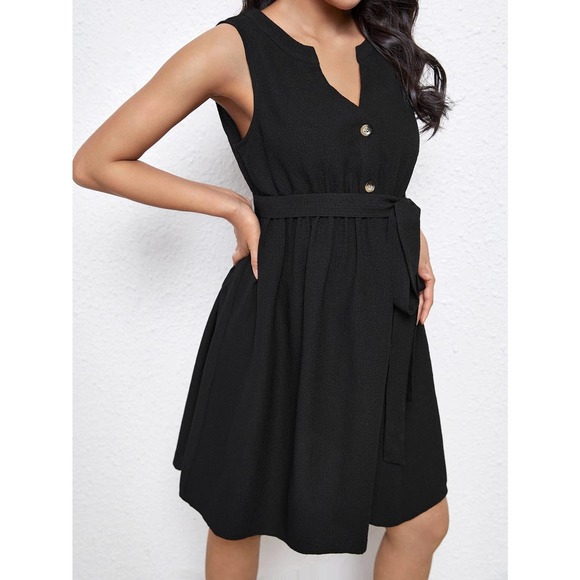 Maternity Button down Belted tank mini Dress black - Picture 5 of 6